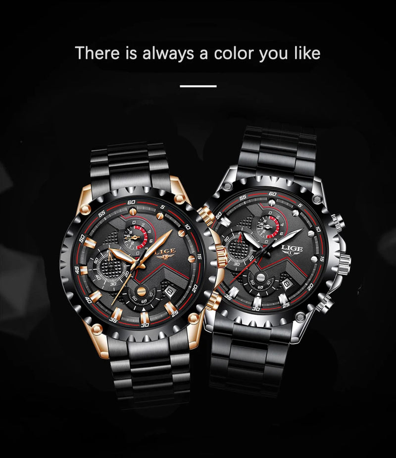 LIGE Fashion Mens Watches Top Luxury Brand Silver Stainless Steel 30m Waterproof Quartz Watch for Men Army Military Chronograph