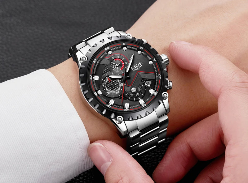 LIGE Fashion Mens Watches Top Luxury Brand Silver Stainless Steel 30m Waterproof Quartz Watch for Men Army Military Chronograph