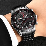 LIGE Fashion Mens Watches Top Luxury Brand Silver Stainless Steel 30m Waterproof Quartz Watch for Men Army Military Chronograph