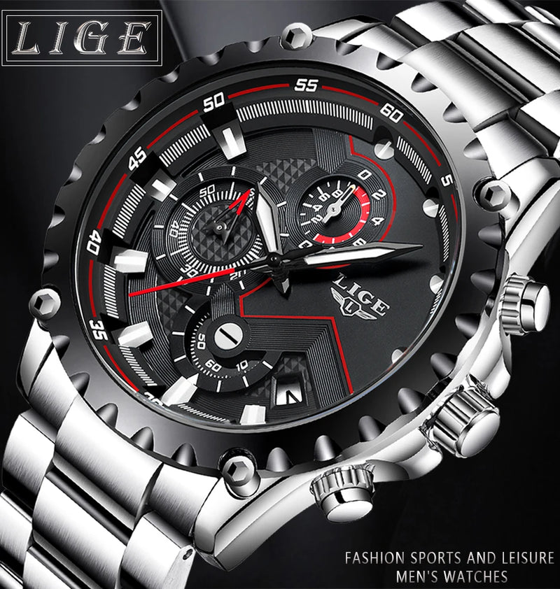 LIGE Fashion Mens Watches Top Luxury Brand Silver Stainless Steel 30m Waterproof Quartz Watch for Men Army Military Chronograph