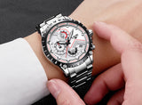 LIGE Fashion Mens Watches Top Luxury Brand Silver Stainless Steel 30m Waterproof Quartz Watch for Men Army Military Chronograph