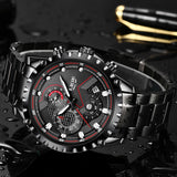 LIGE Fashion Mens Watches Top Luxury Brand Silver Stainless Steel 30m Waterproof Quartz Watch for Men Army Military Chronograph