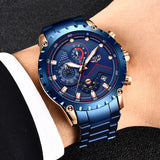 LIGE Fashion Mens Watches Top Luxury Brand Silver Stainless Steel 30m Waterproof Quartz Watch for Men Army Military Chronograph