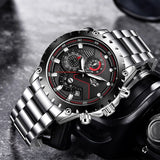 LIGE Fashion Mens Watches Top Luxury Brand Silver Stainless Steel 30m Waterproof Quartz Watch for Men Army Military Chronograph