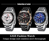 LIGE Fashion Mens Watches Top Luxury Brand Silver Stainless Steel 30m Waterproof Quartz Watch for Men Army Military Chronograph