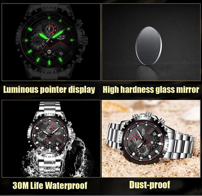 LIGE Fashion Mens Watches Top Luxury Brand Silver Stainless Steel 30m Waterproof Quartz Watch for Men Army Military Chronograph