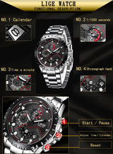 LIGE Fashion Mens Watches Top Luxury Brand Silver Stainless Steel 30m Waterproof Quartz Watch for Men Army Military Chronograph