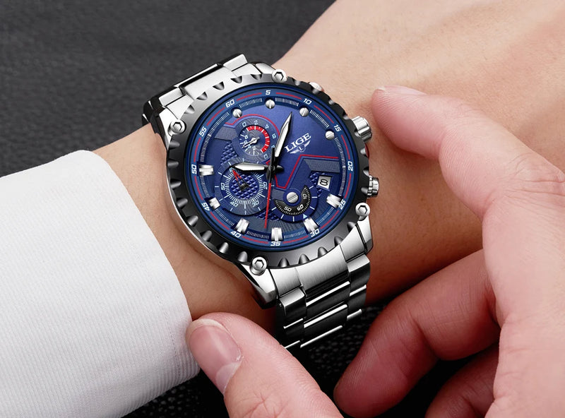 LIGE Fashion Mens Watches Top Luxury Brand Silver Stainless Steel 30m Waterproof Quartz Watch for Men Army Military Chronograph