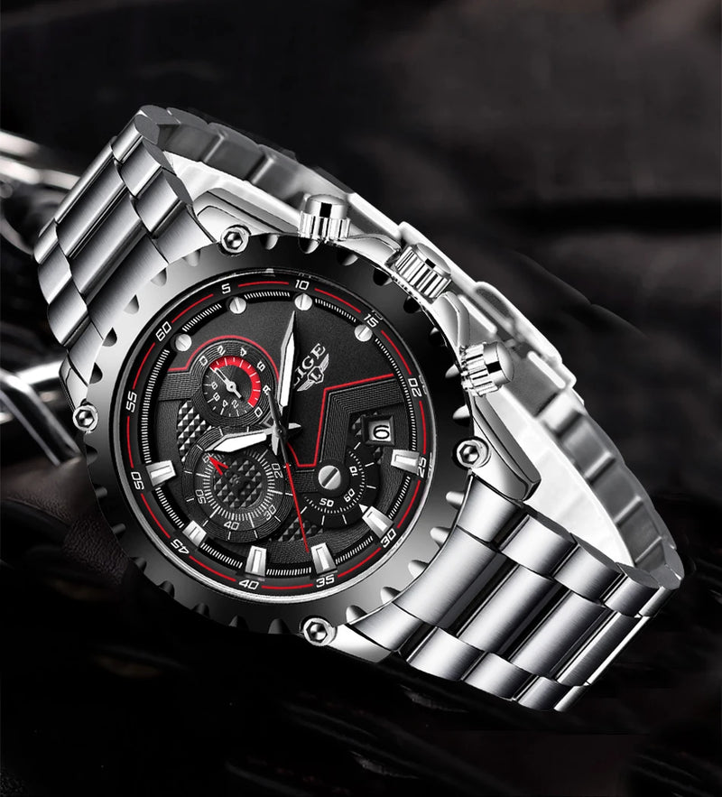 LIGE Fashion Mens Watches Top Luxury Brand Silver Stainless Steel 30m Waterproof Quartz Watch for Men Army Military Chronograph