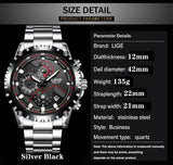 LIGE Fashion Mens Watches Top Luxury Brand Silver Stainless Steel 30m Waterproof Quartz Watch for Men Army Military Chronograph