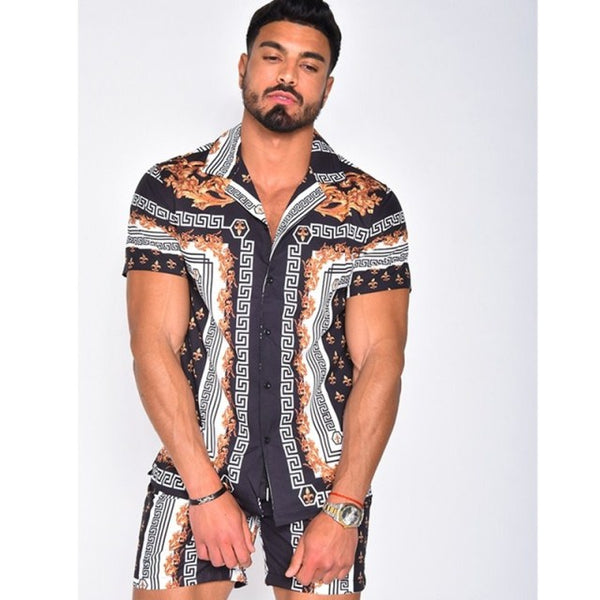 Men&#39;s Suits Summer Hawaii Print Shirt Casual Beach Suit